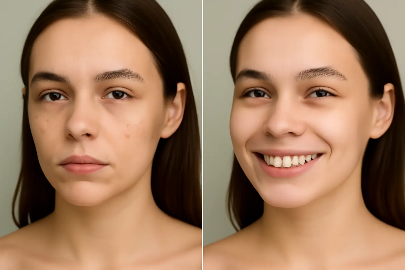 Before and after results with plant based anti aging serum showing fine lines and dark spots softening on young skin