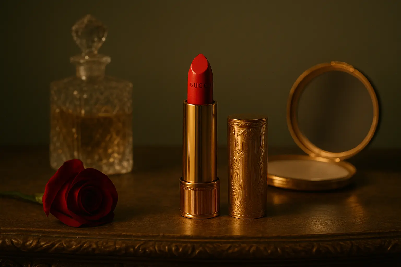 Vintage-inspired luxurious lipsticks on an elegant vanity