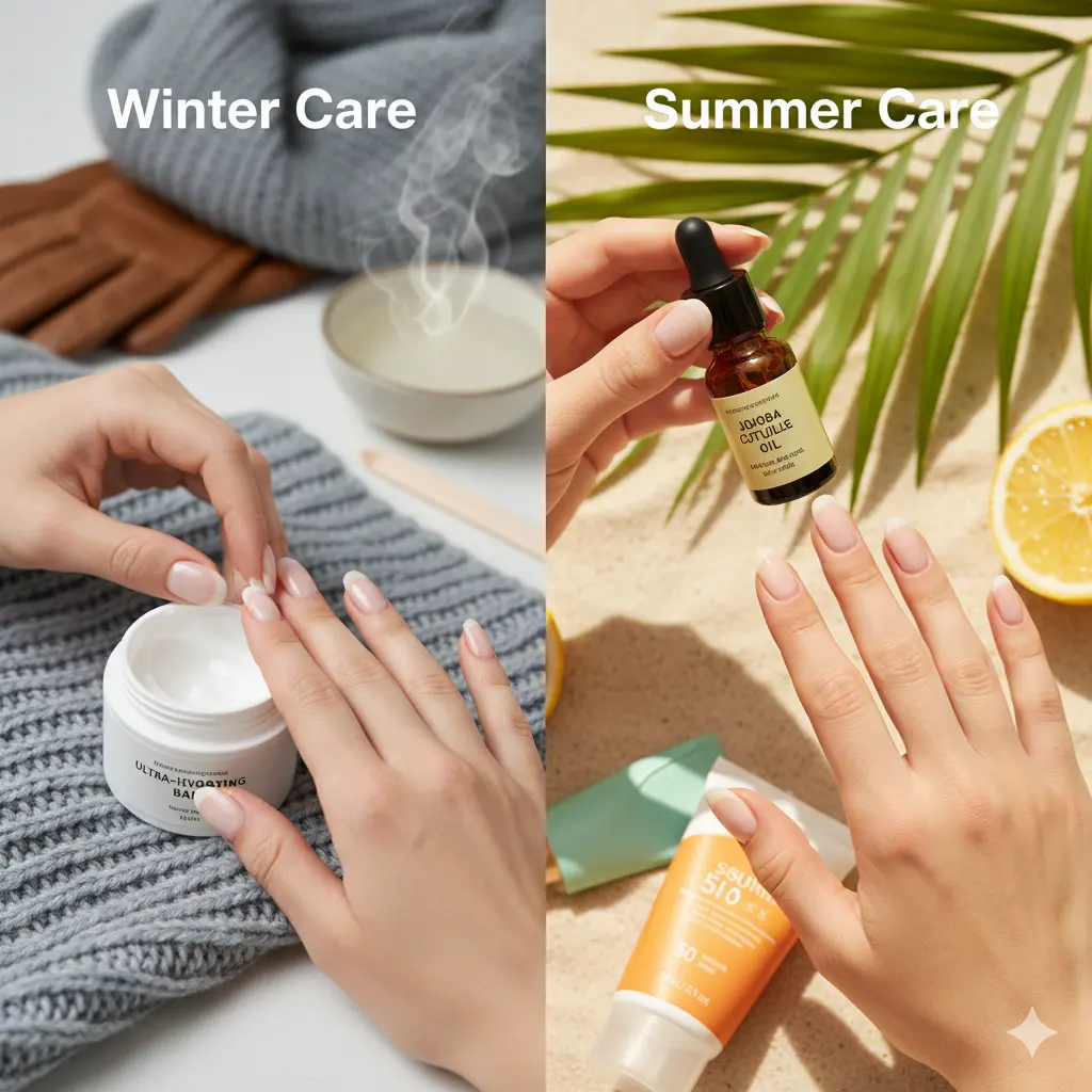 Winter and summer seasonal cuticle care routine with cream and oil application