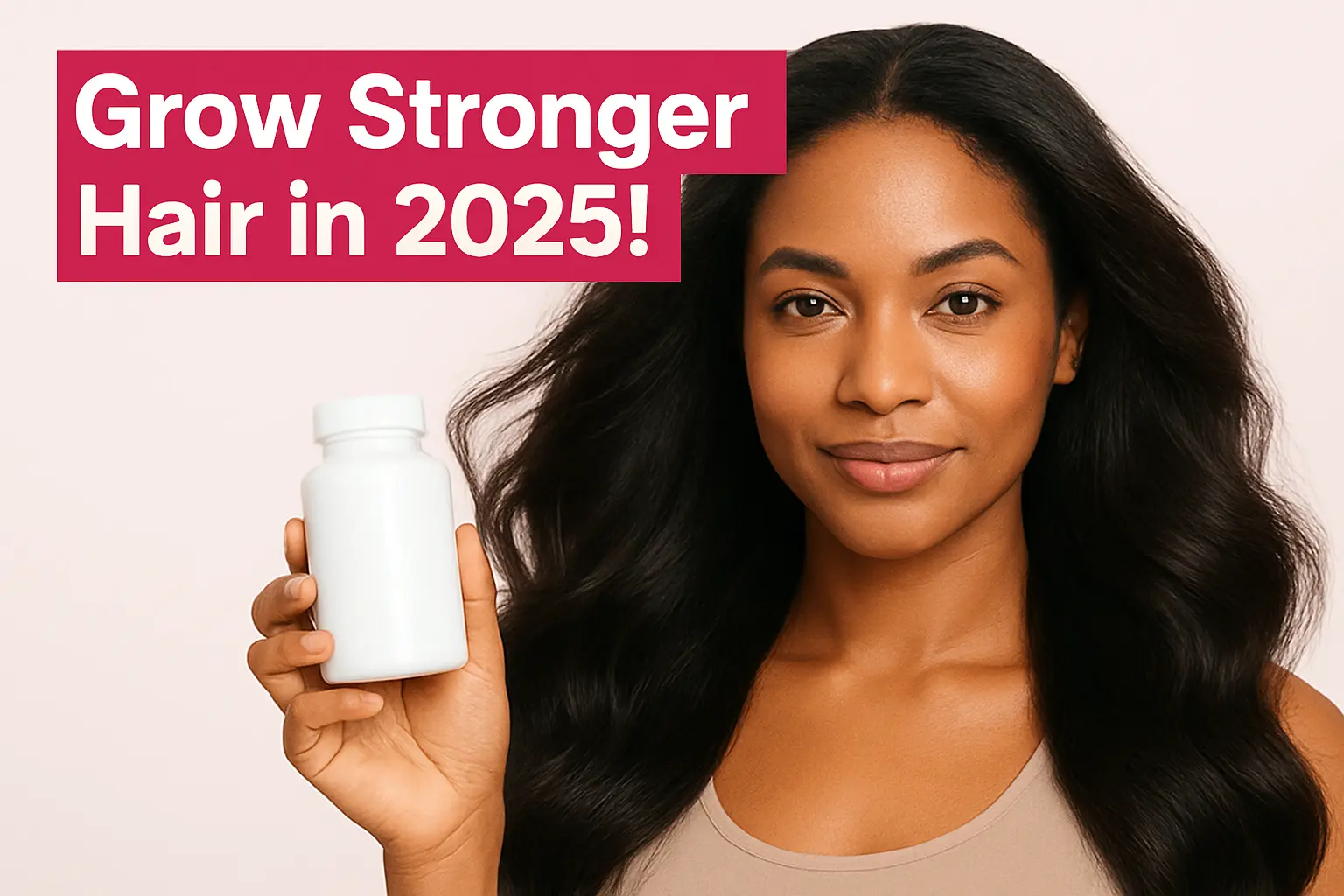 Woman with glossy hair holding hair supplements for growth in 2025