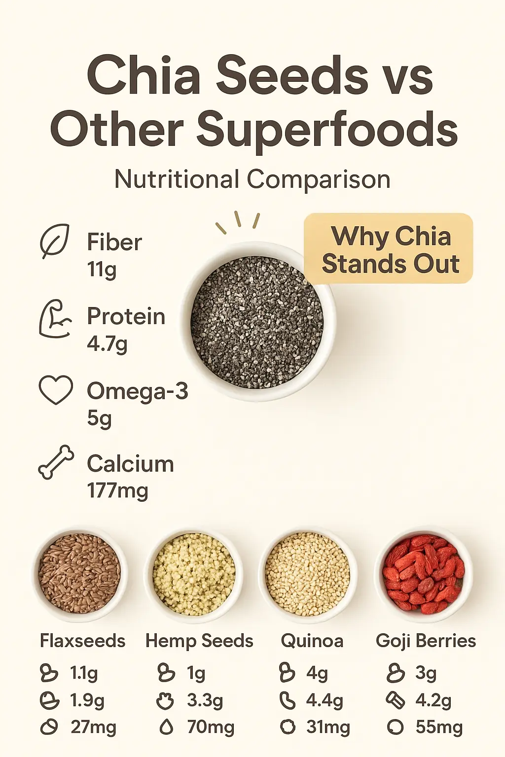 Side-by-side comparison chart: chia vs flax, hemp, pumpkin, sunflower