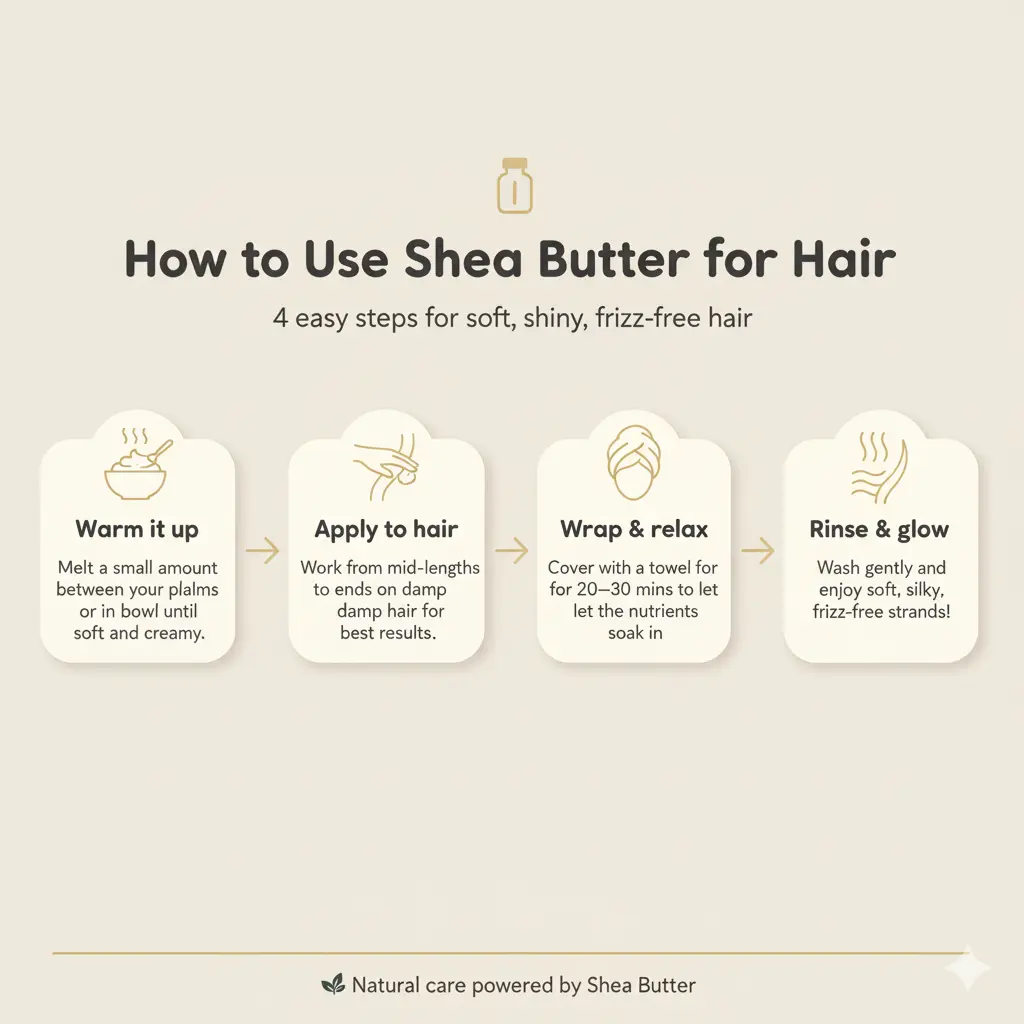 Infographic showing Daisy's 4-step shea butter hair routine: Warm → Apply → Wrap → Rinse