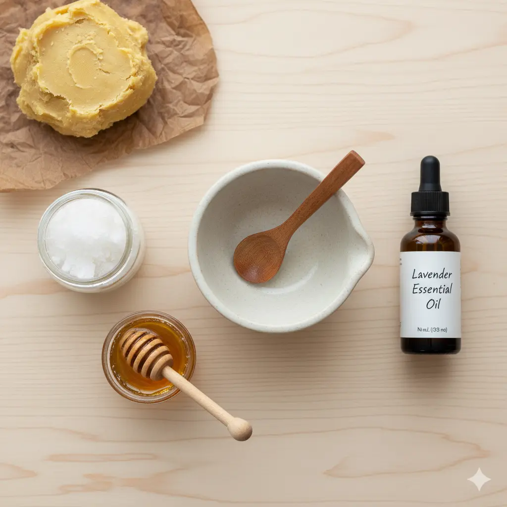 Flat lay of DIY shea butter hair mask ingredients like coconut oil and honey