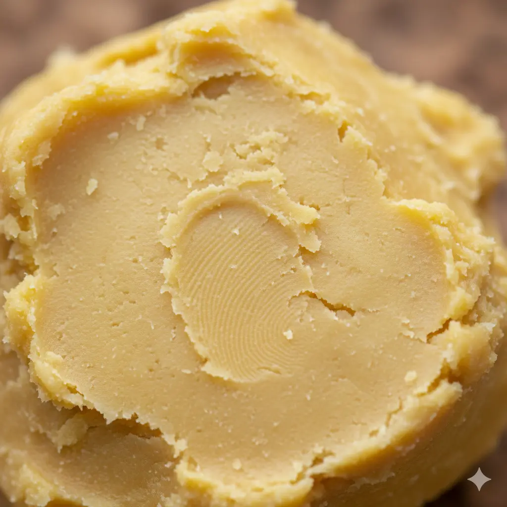 Close-up of creamy unrefined shea butter and shea nuts on a wooden surface