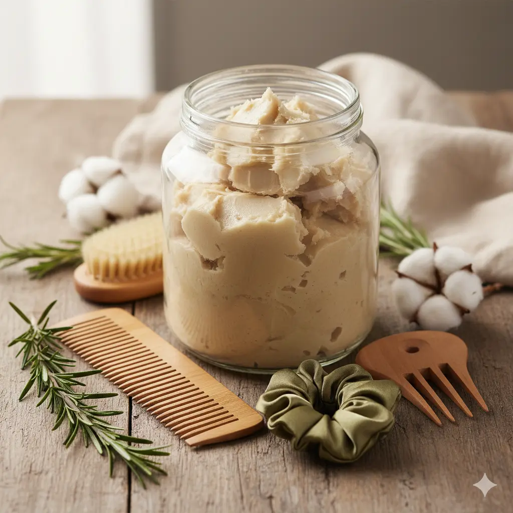 Jar of raw shea butter for hair care accessories on a neutral background