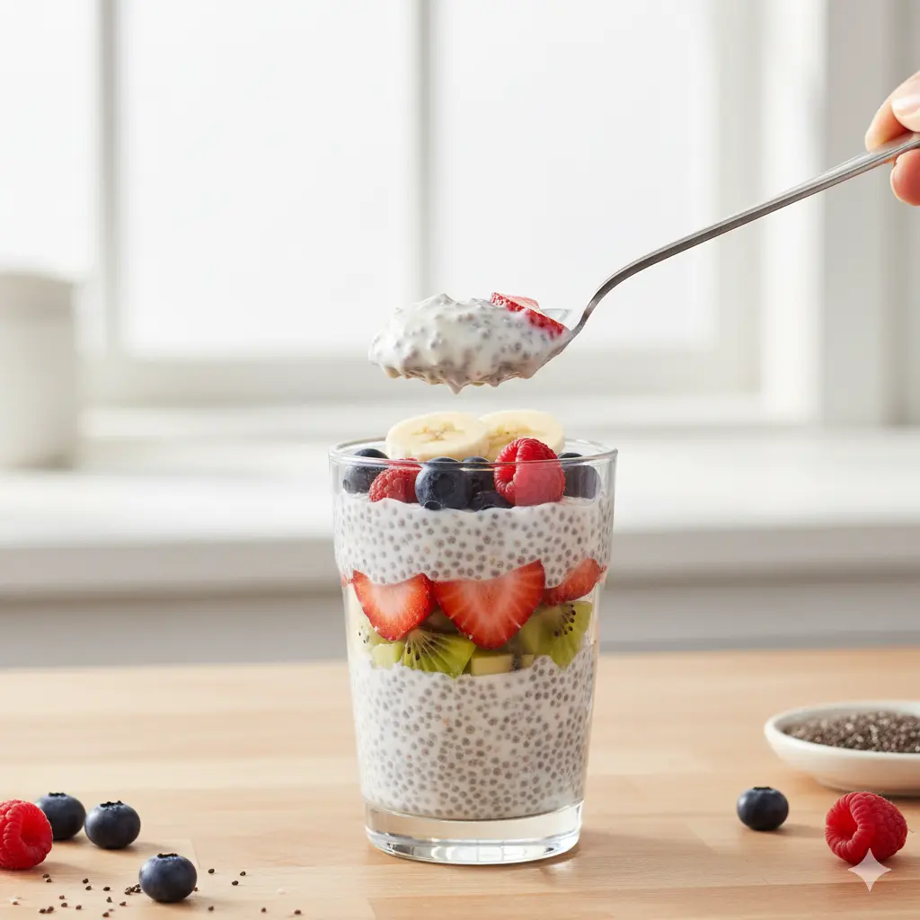 Layered chia pudding with berries, granola, and mint