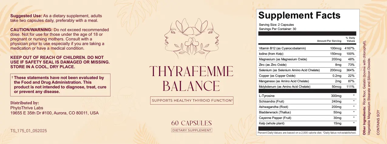 Thyrafemme Balance supplement label showing the complete list of ingredients and nutritional information.