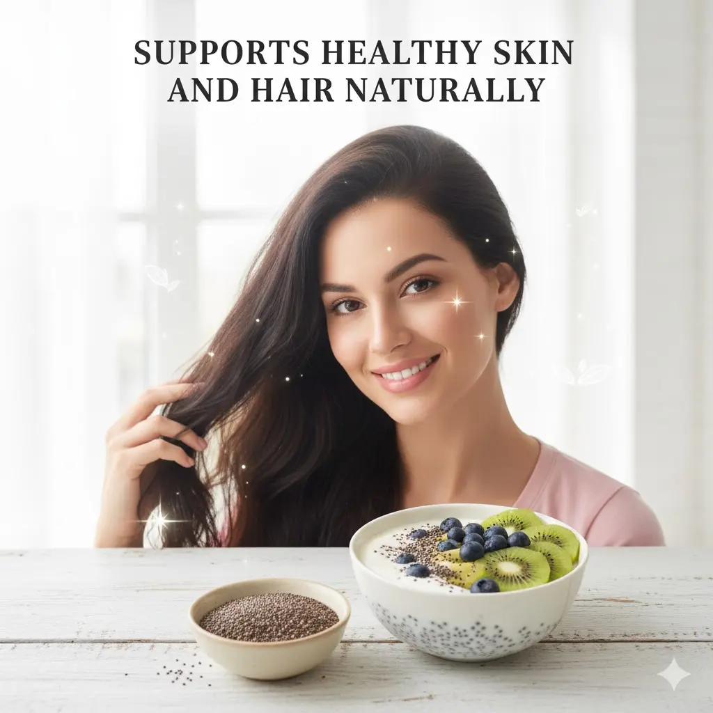 Woman with glowing skin holding a bowl of chia seeds
