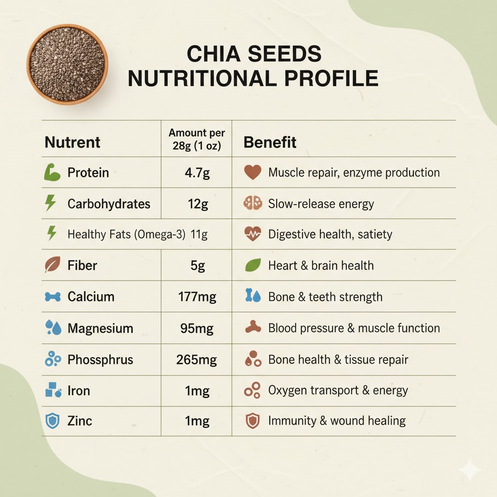 Detailed infographic: chia seeds per 2 tbsp — 137 cal, 5g protein, 10g fiber, 9g fat, 18% DV calcium, 30% DV magnesium
