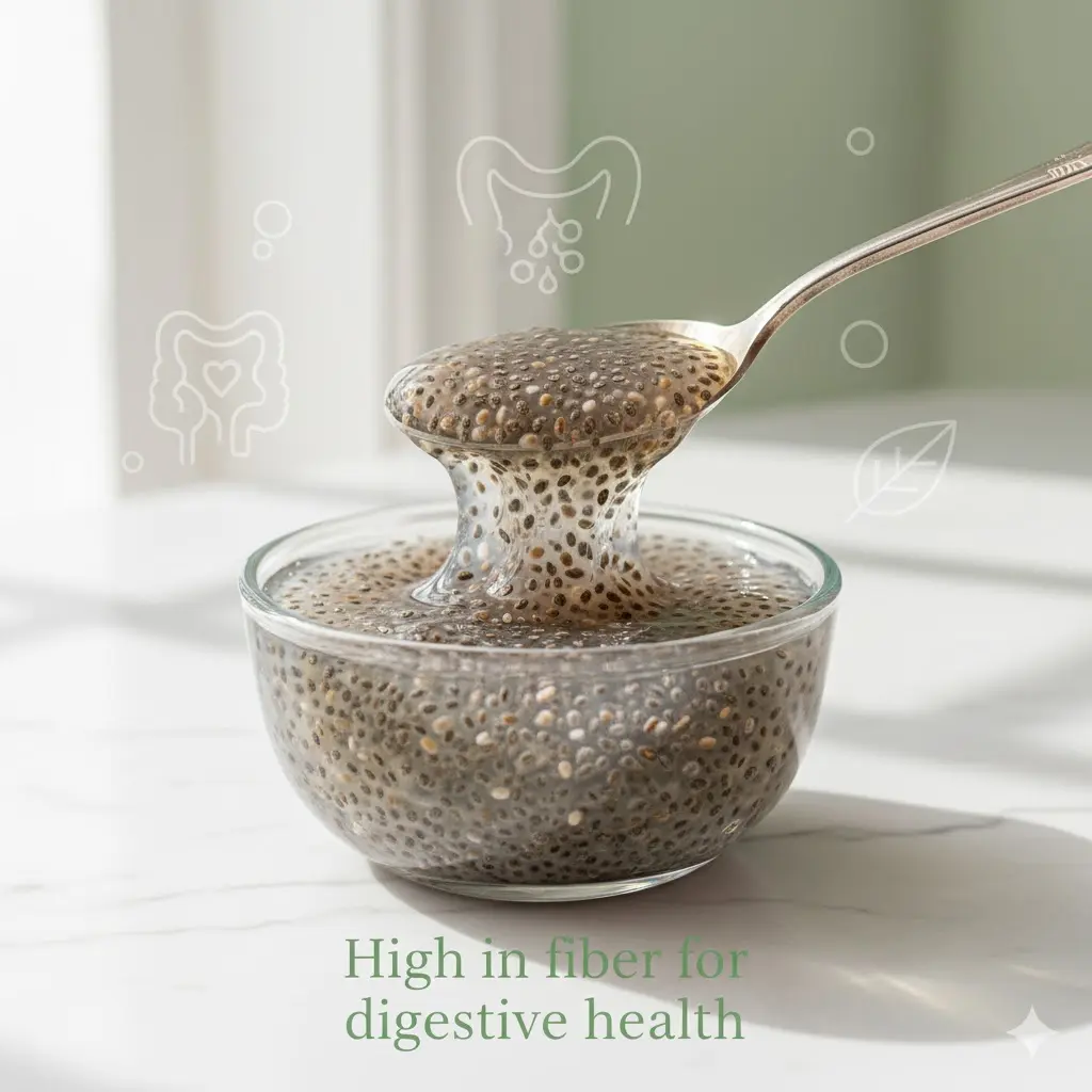 Chia seeds soaked in water forming a thick, translucent gel ( chia seeds benefits )