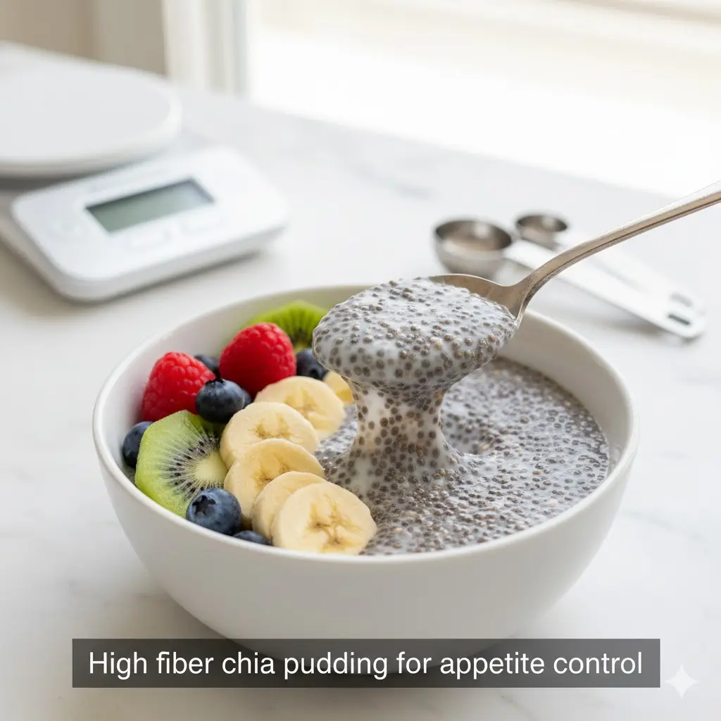 Chia pudding topped with fresh berries, granola, and mint
