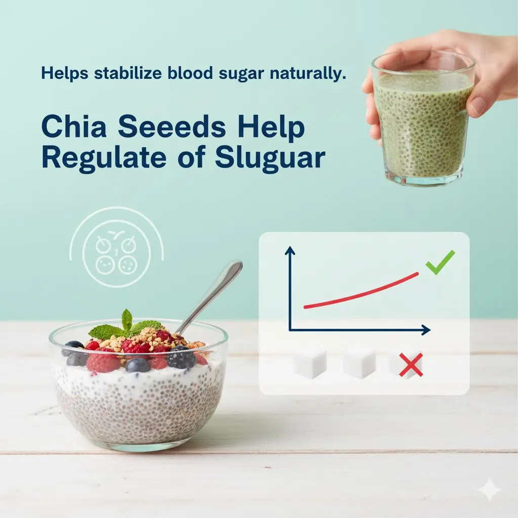 Chia seeds with a glucose meter showing stable blood sugar (90–110 mg/dL)
