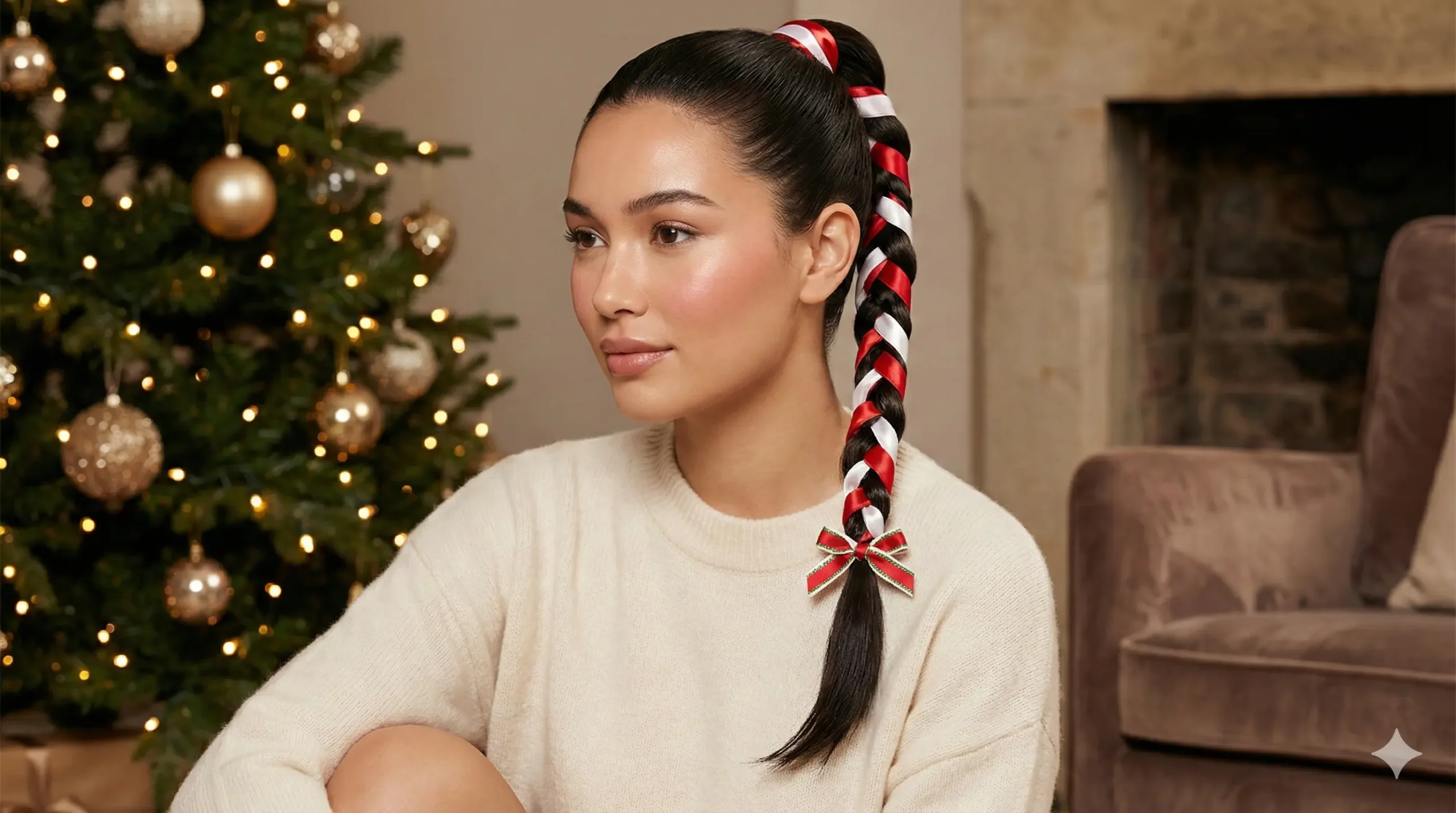 Candy cane braided ponytail Christmas hairstyles