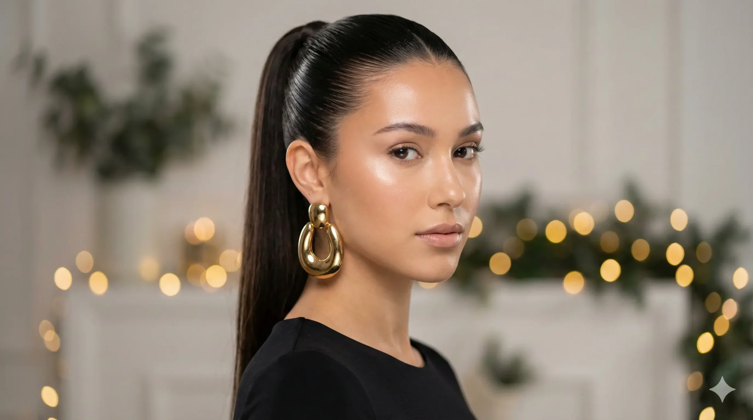 Slicked back ponytail with statement earrings Christmas hairstyle