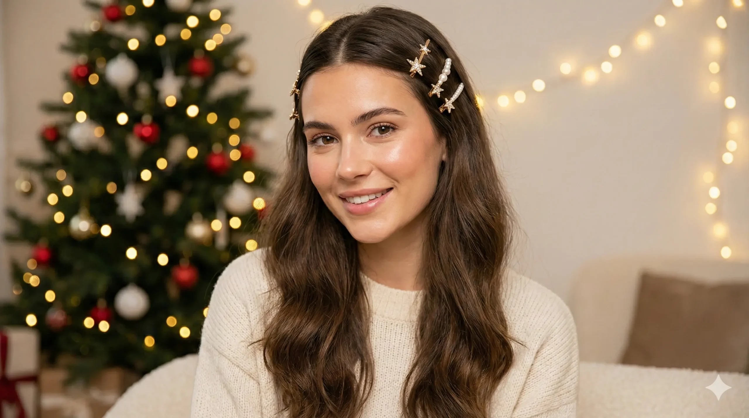 Loose waves with festive hair clips Christmas hairstyle