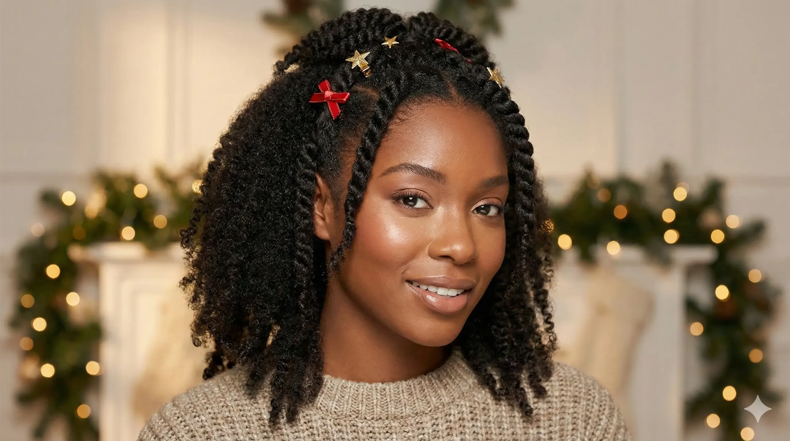 Half up twists with holiday accessories Christmas hairstyle