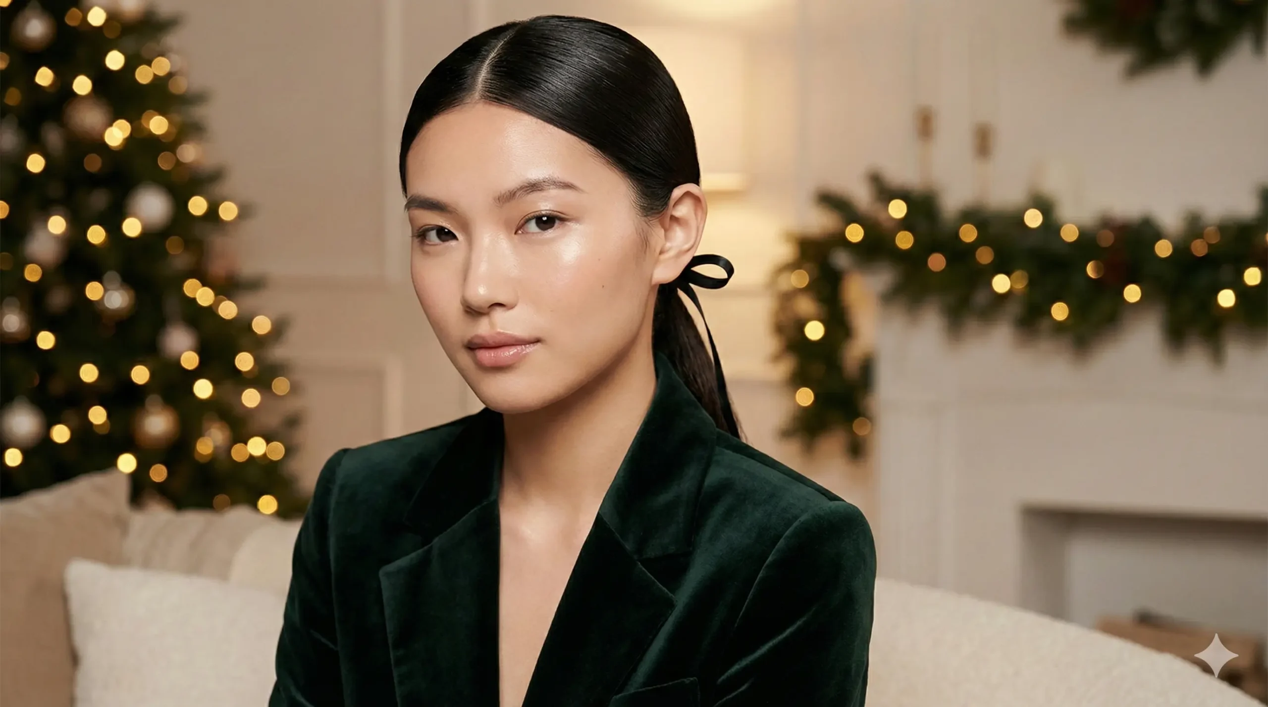 Sleek center part low ponytail Christmas hairstyle