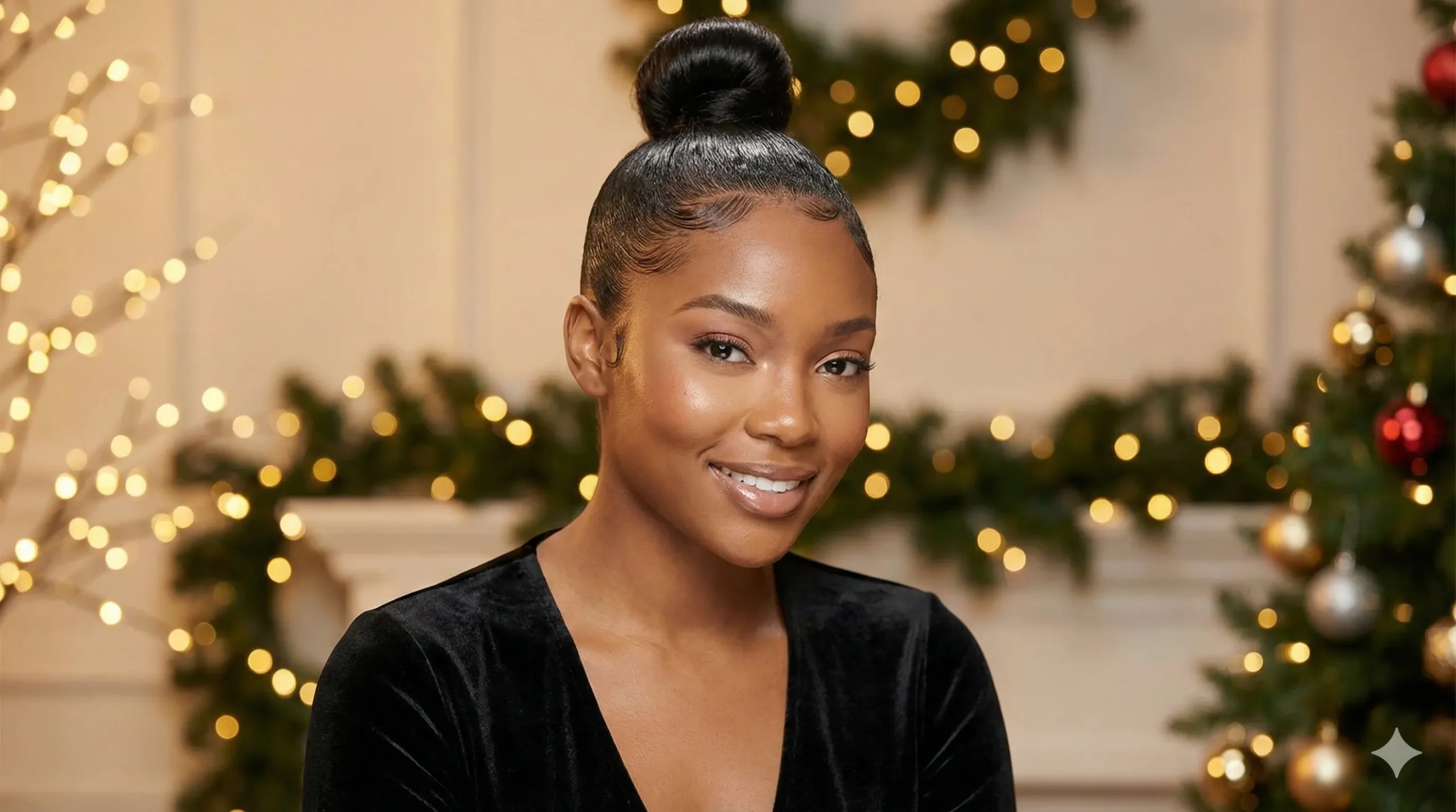 High bun with sleek edges Christmas hairstyle