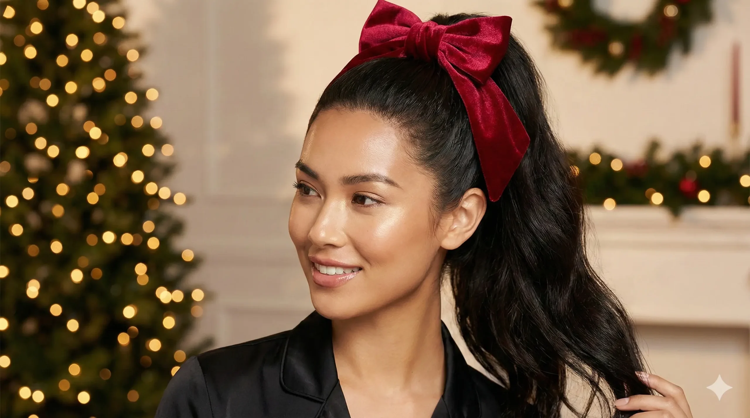 High ponytail with statement bow Christmas hairstyle