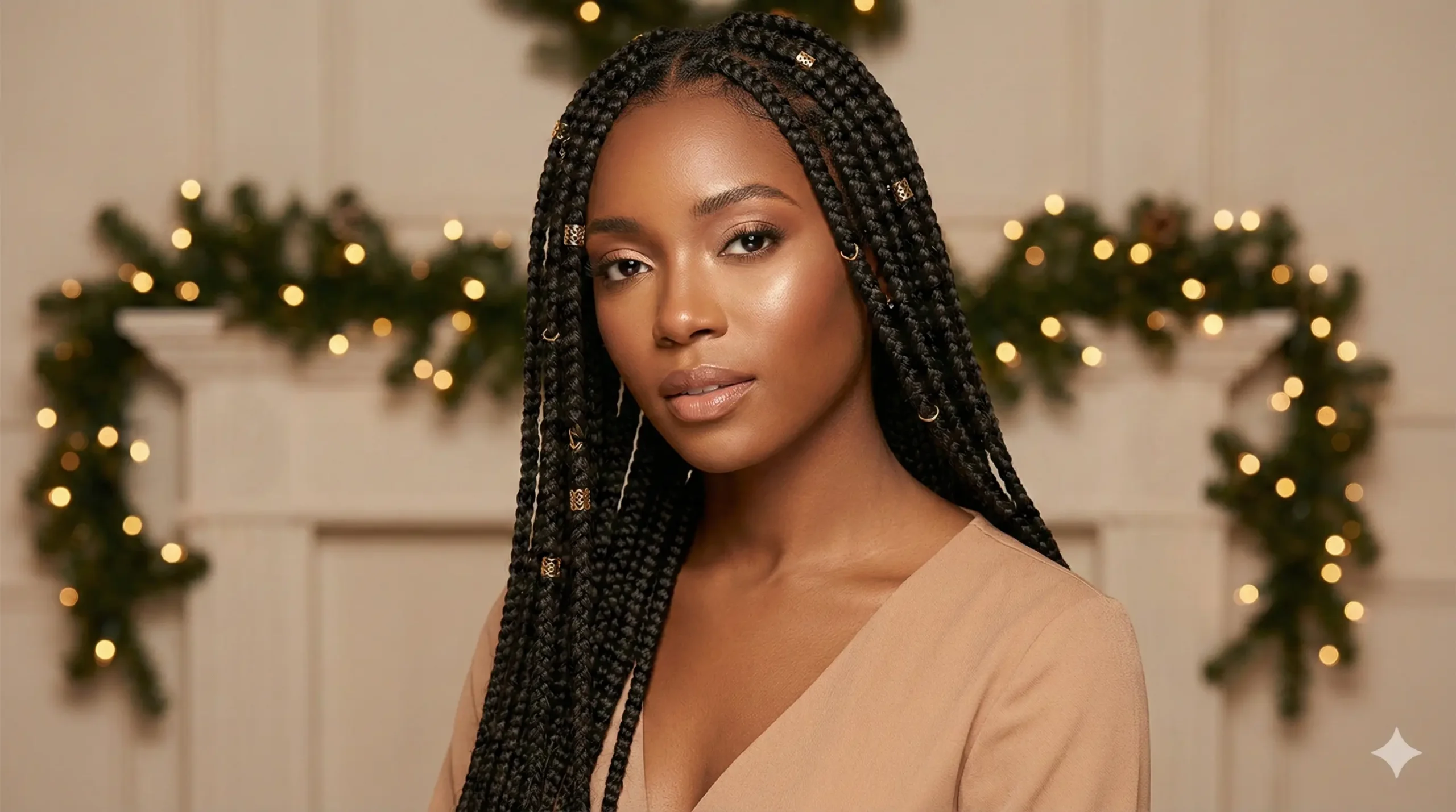 Long box braids with festive accessories Christmas hairstyle