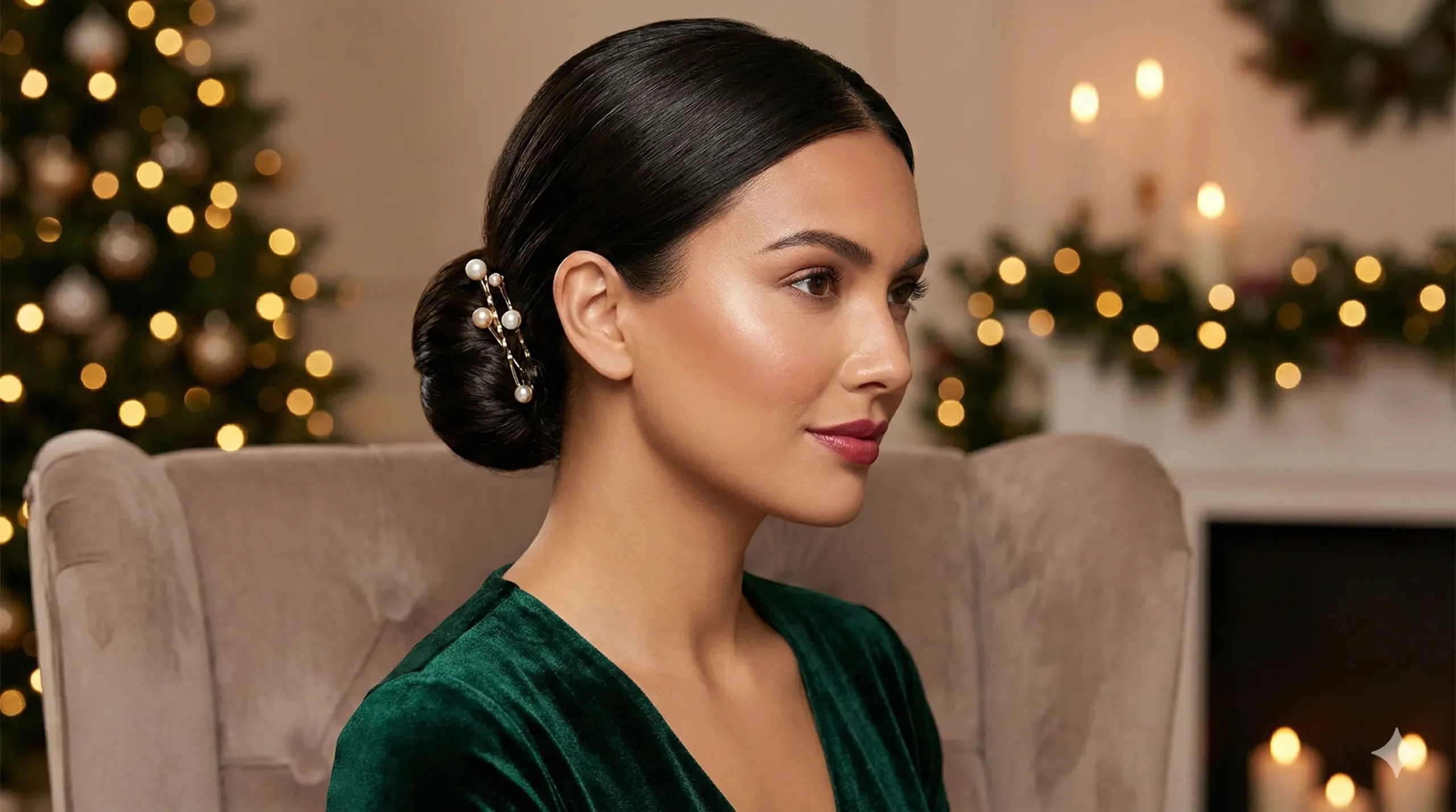 Sleek low bun with festive hair pins Christmas hairstyle