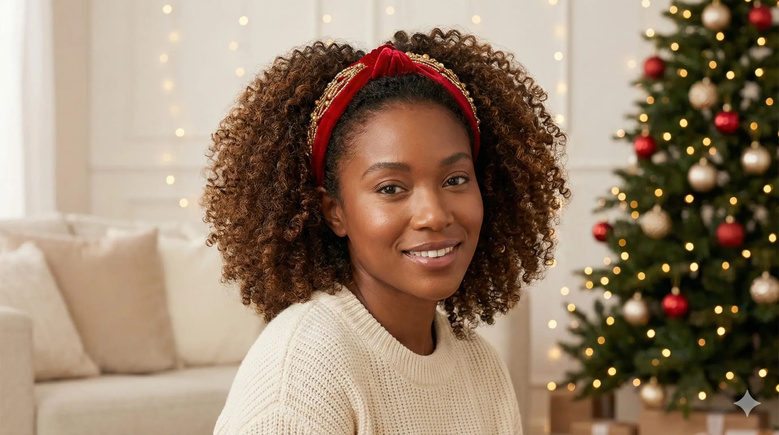 Natural curls with holiday headband Christmas hairstyle