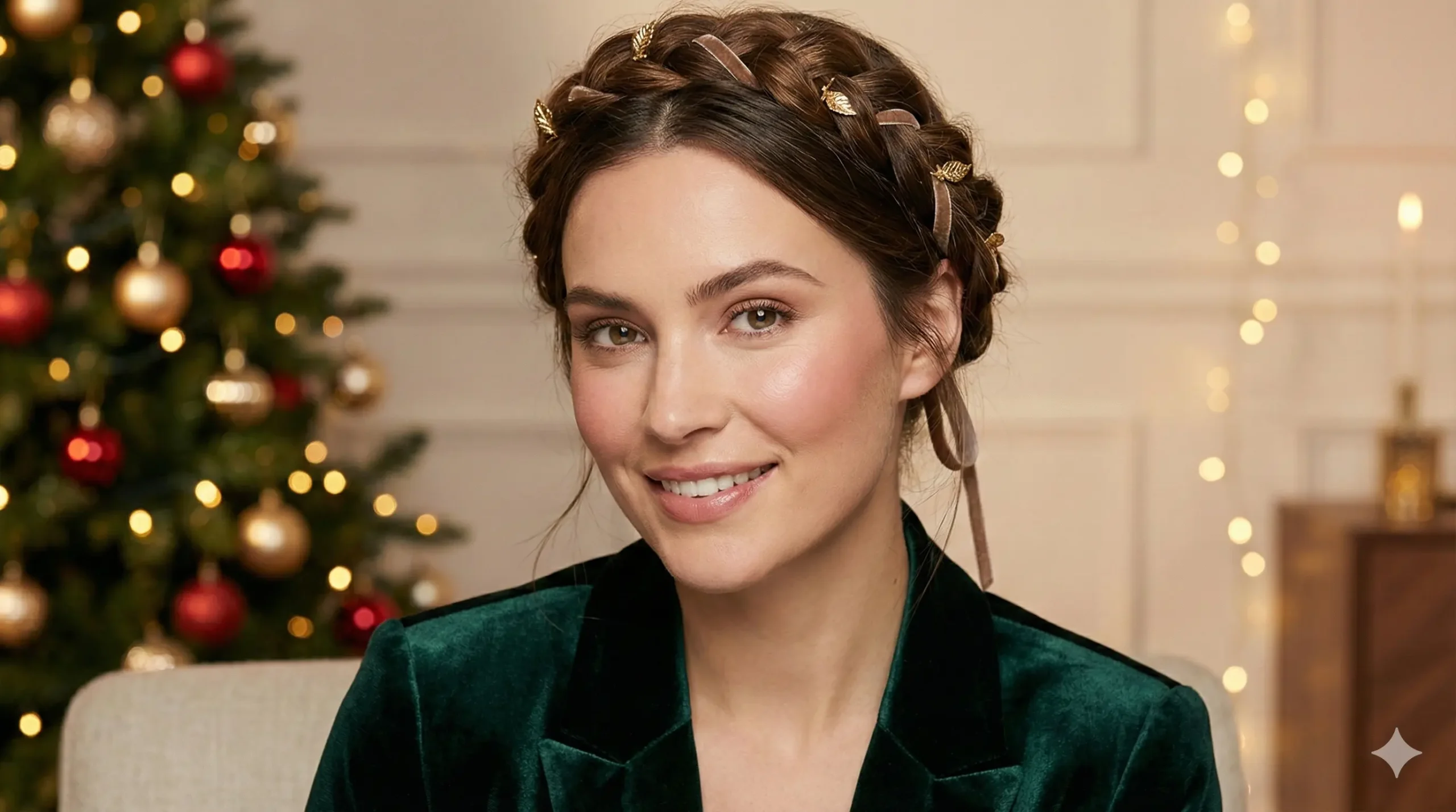 Braided crown with subtle holiday details Christmas hairstyle