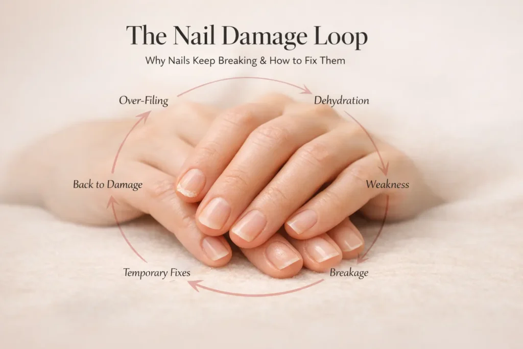 Natural unpolished nails on resting hands with a subtle circular graphic showing the nail damage loop.