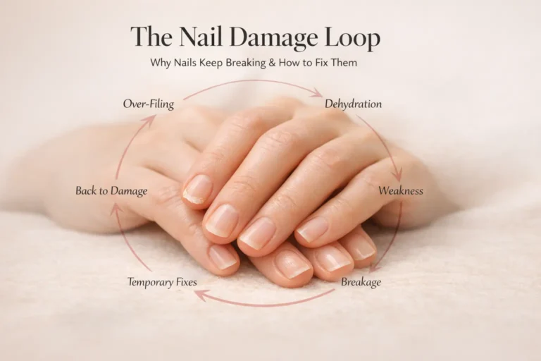 Natural unpolished nails on resting hands with a subtle circular graphic showing the nail damage loop.
