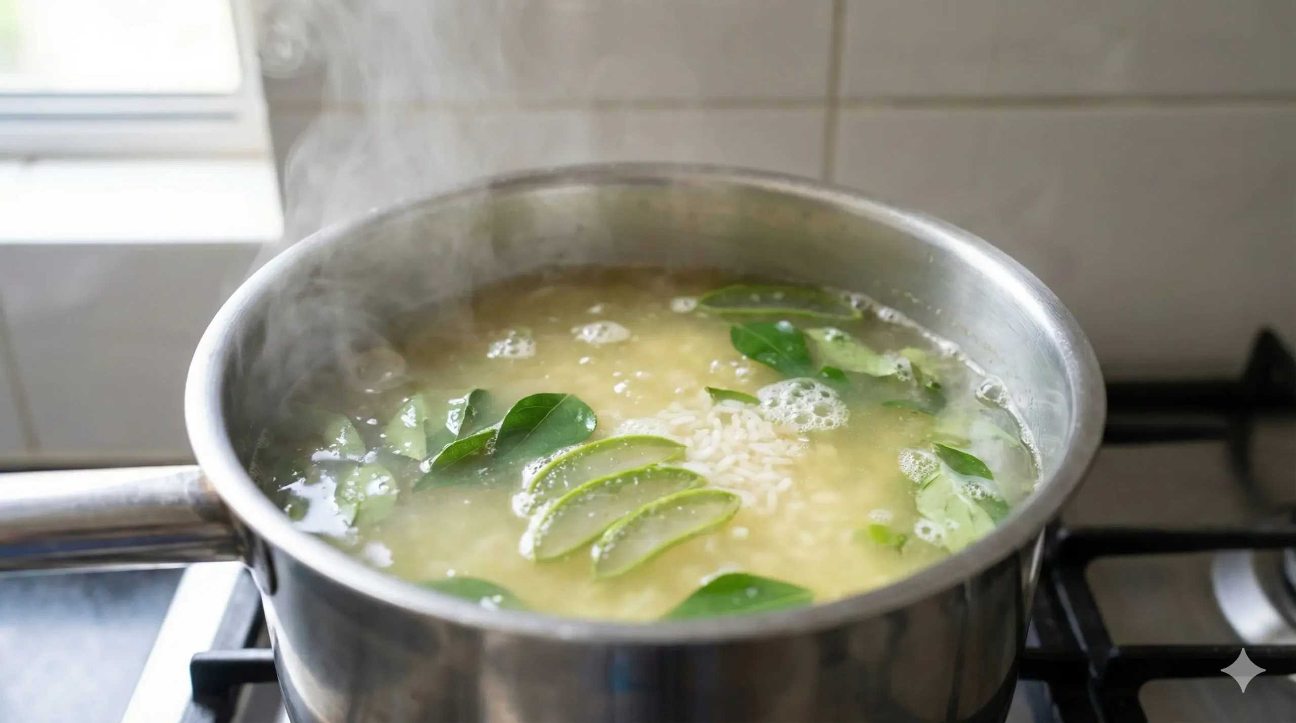 Boiling aloe vera, rice, and curry leaves mixture
