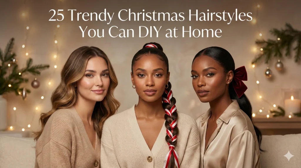 25 trendy Christmas hairstyles for women featuring festive braids, ponytails, and elegant holiday hair looks