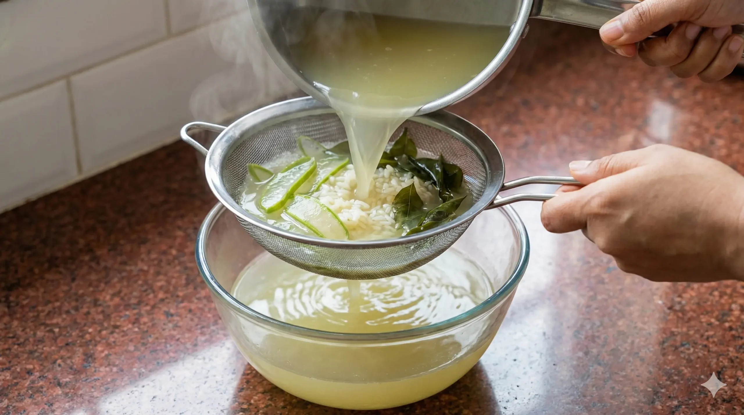 Straining herbal aloe vera, rice, and curry leaves mixture