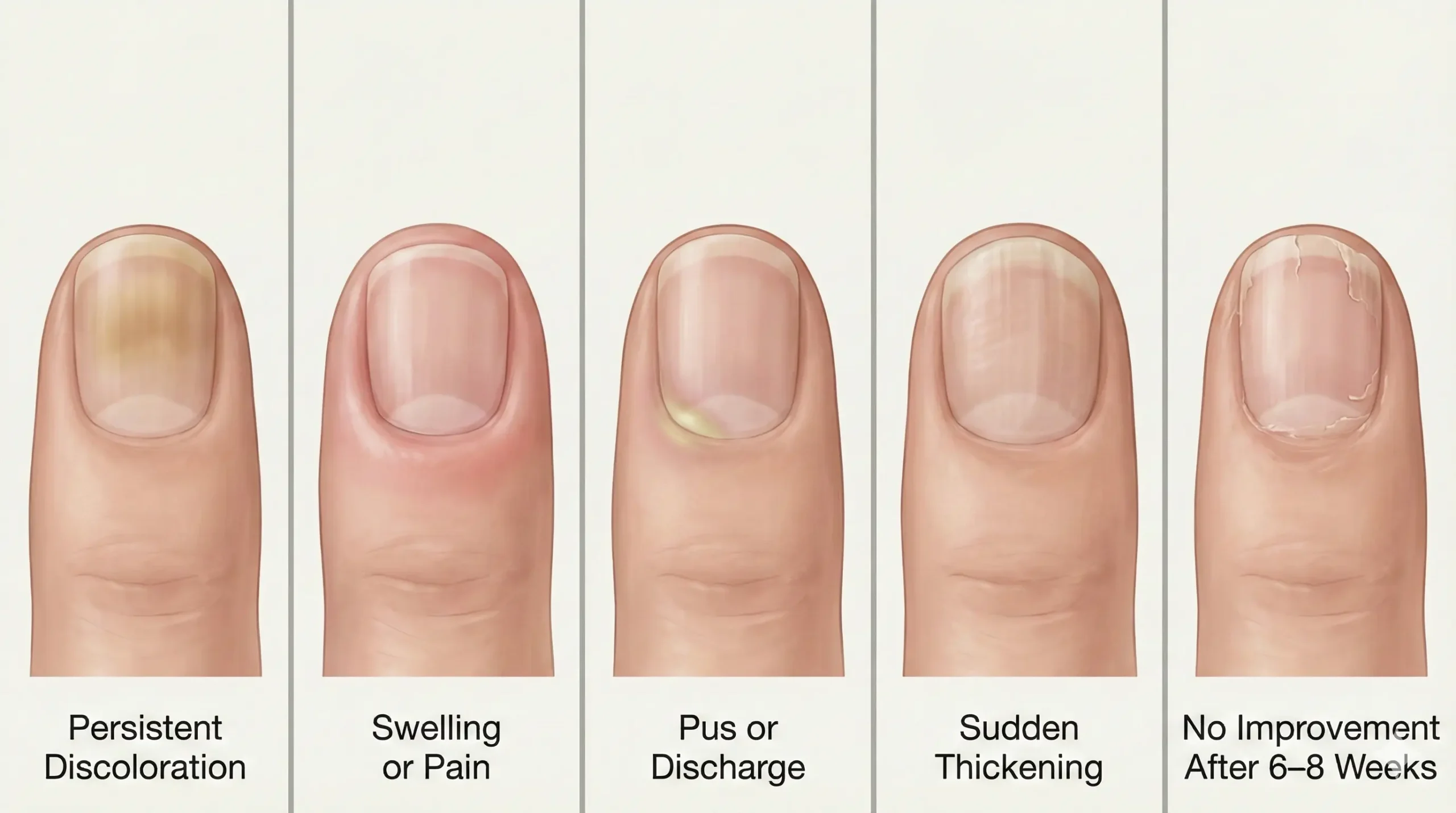 Visual guide to nail warning signs that suggest seeing a doctor, including redness, pus, discoloration, and thickening