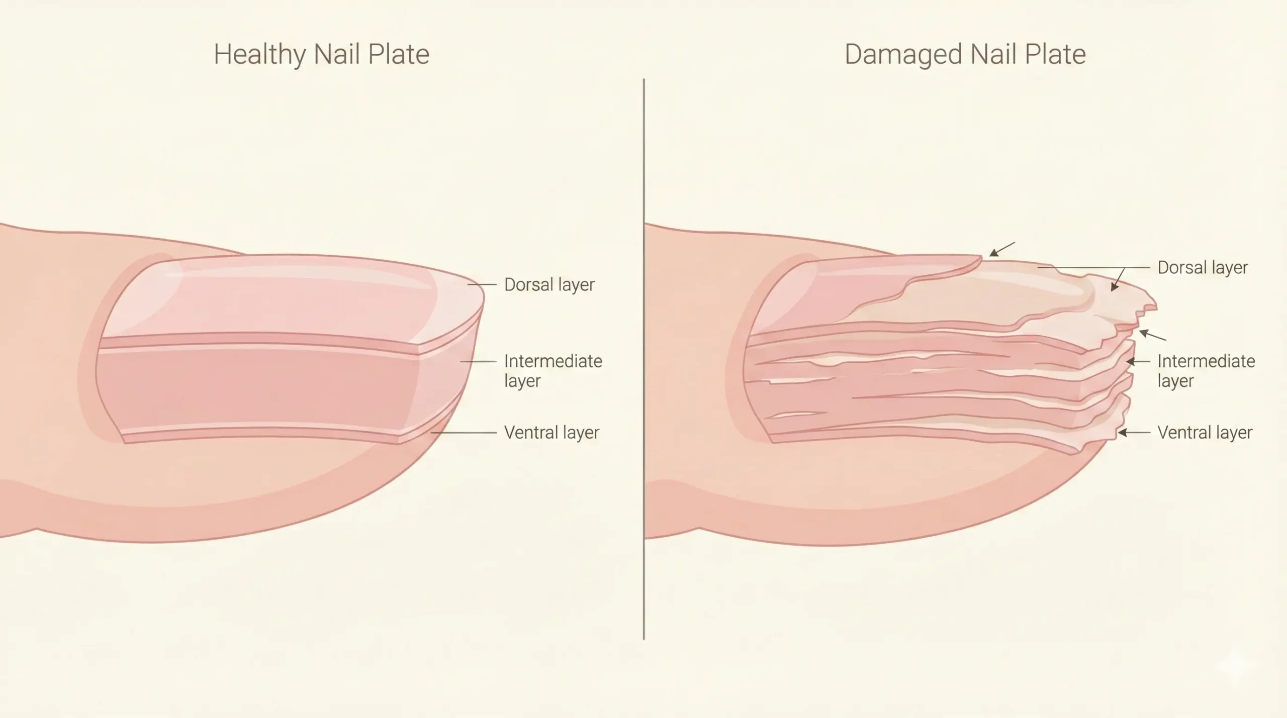 Cross-section comparison of a healthy nail plate versus a damaged nail plate with separated layers