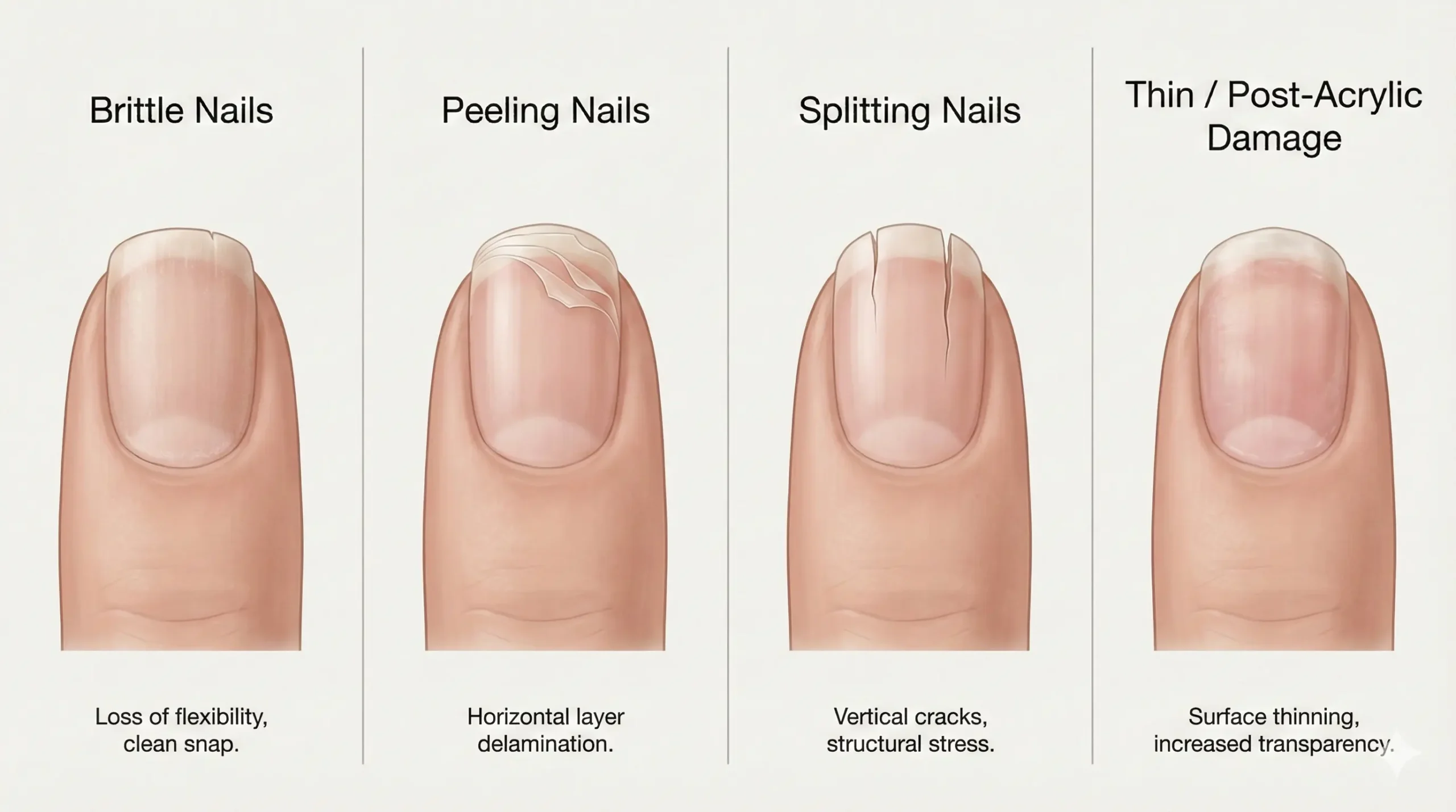 Comparison of brittle nails, peeling nails, splitting nails, and thin post-acrylic nails