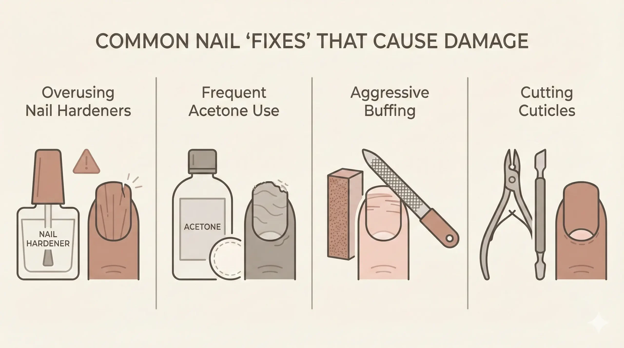 Common nail care habits that cause damage such as over-buffing, frequent acetone use, nail hardeners, and cutting cuticles
