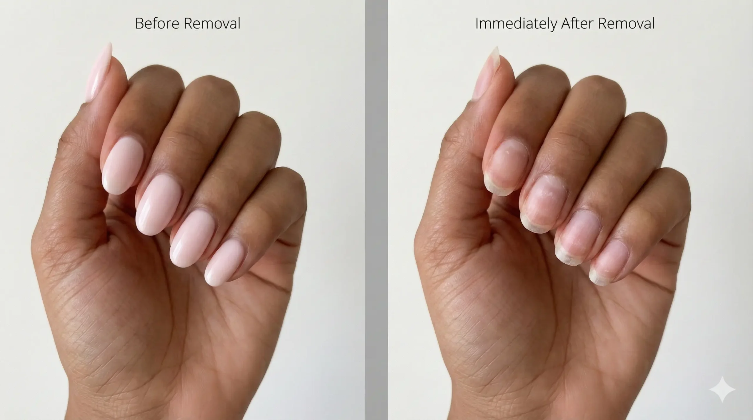 Before and after removal of acrylic or gel nails showing thinner, weaker nail appearance