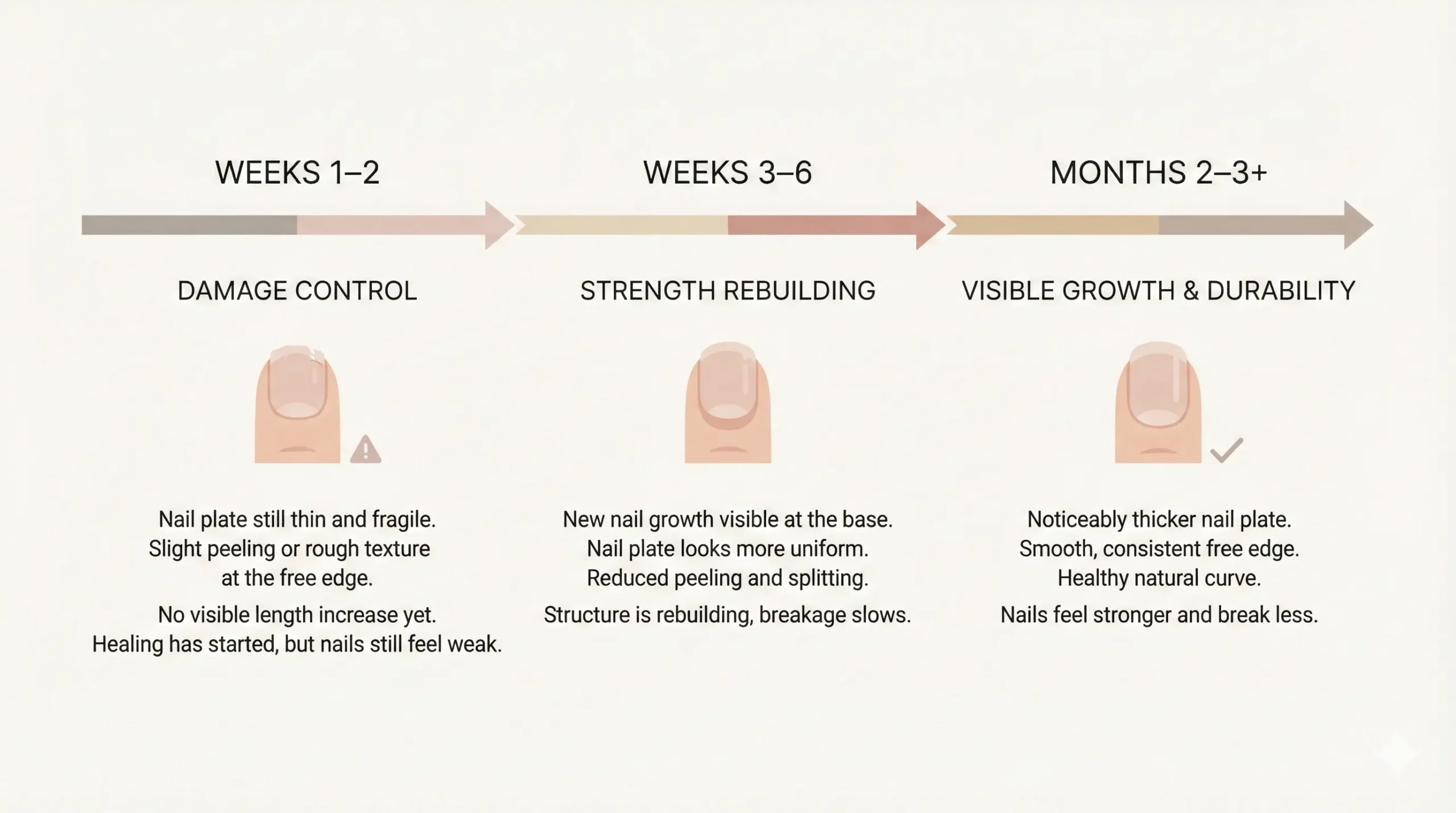 Horizontal timeline showing nail recovery stages: damage control, strength rebuilding, and visible growth over weeks