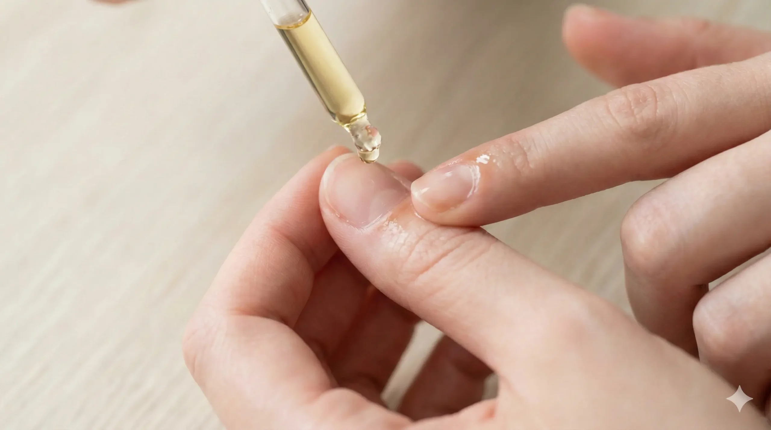 Proper cuticle oil application showing drop at nail base and gentle massage