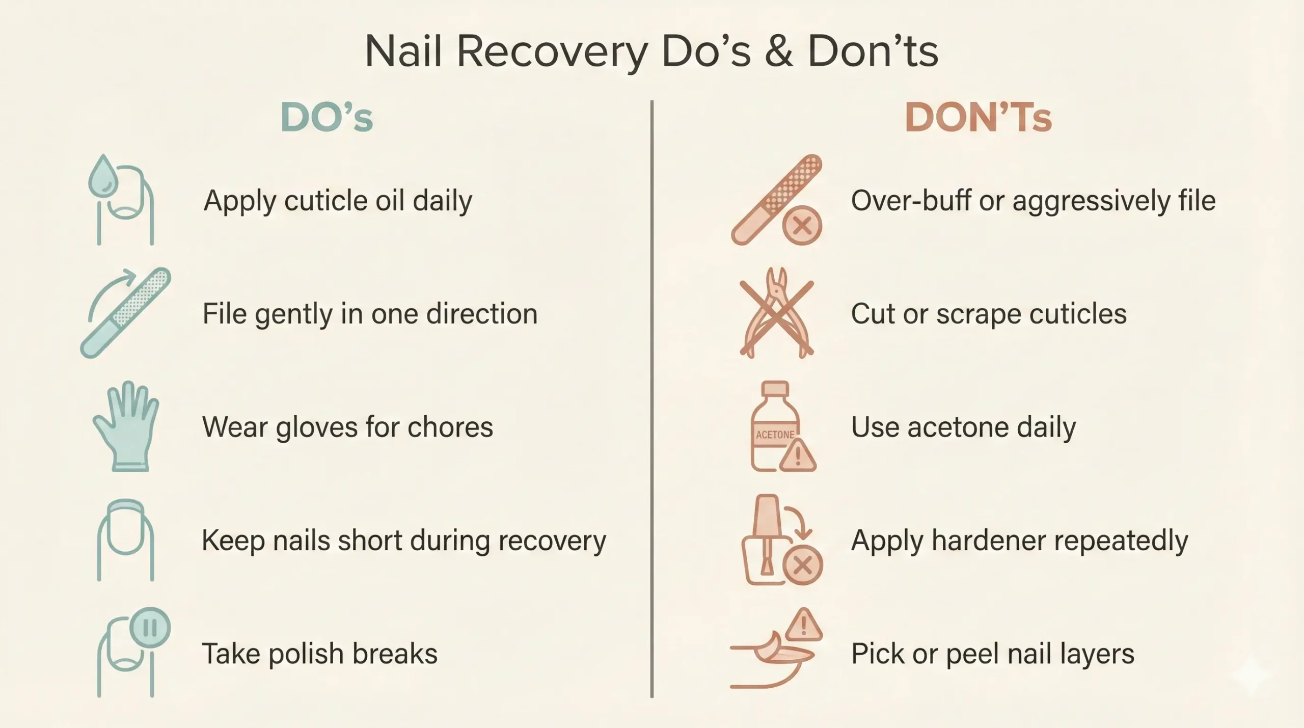 Checklist infographic showing nail recovery do’s and don’ts for stronger nails