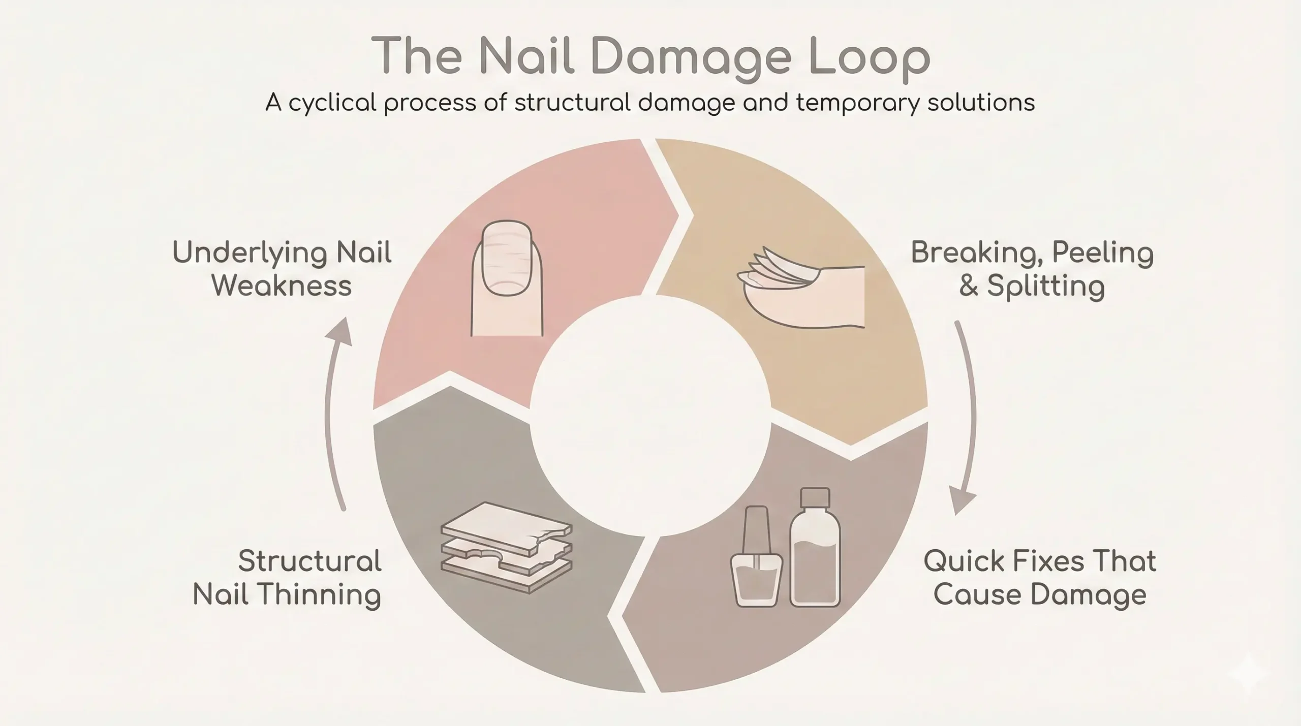 Diagram explaining the nail damage loop showing weakness, breakage, quick fixes, and thinning