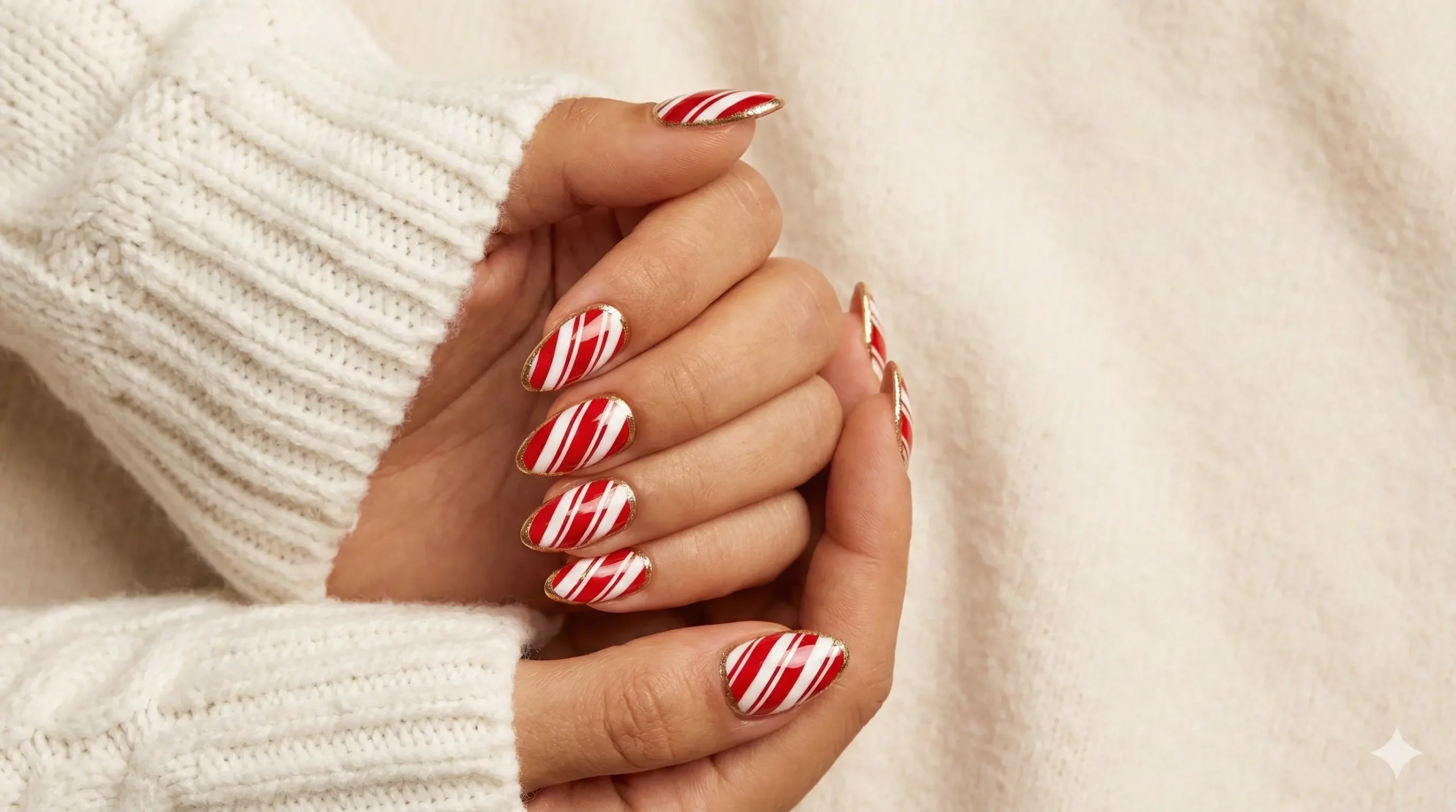 Candy Cane Nails with Gold Foil Luxe Accents - FemmeGlowDaily