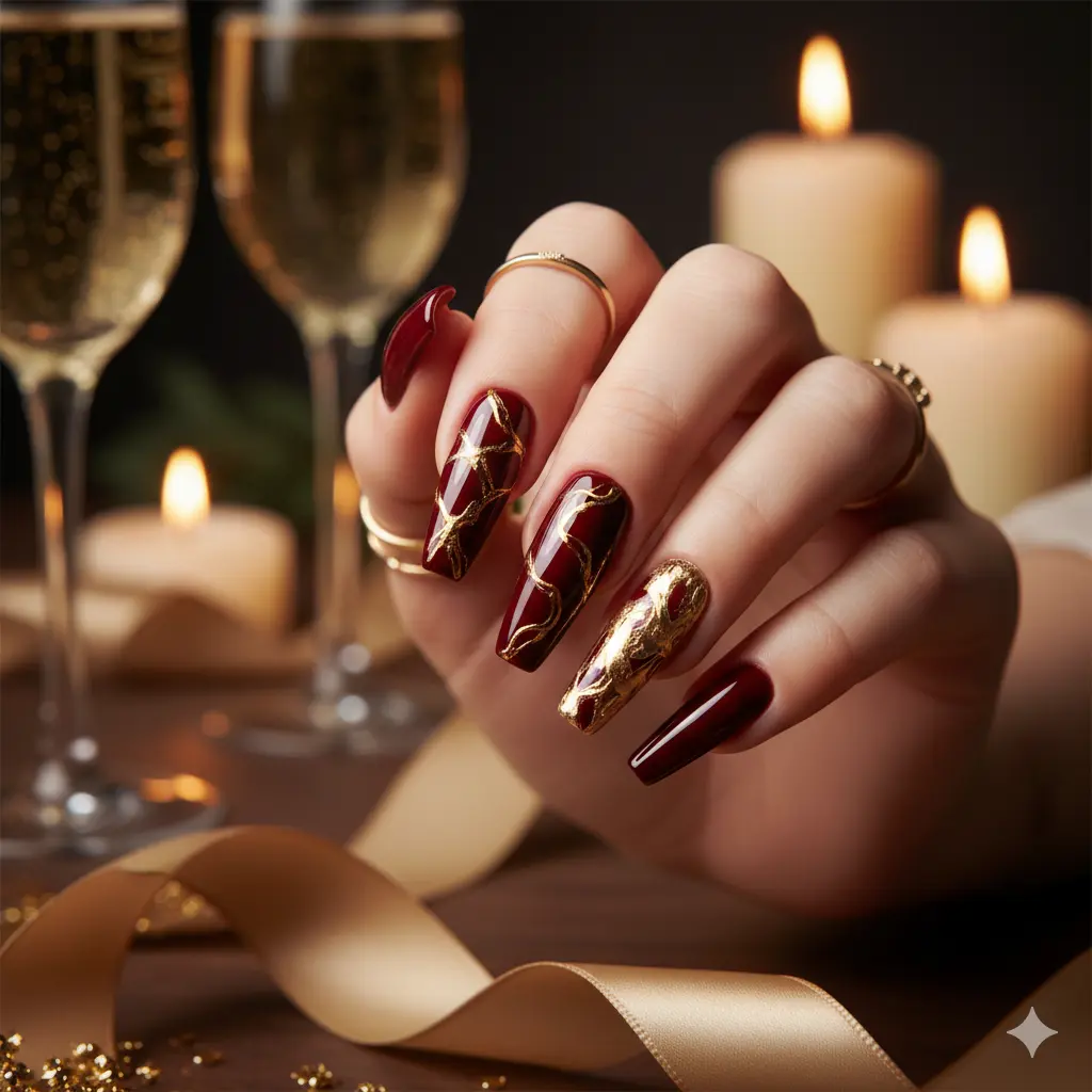 Burgundy & Gold Luxury Nails