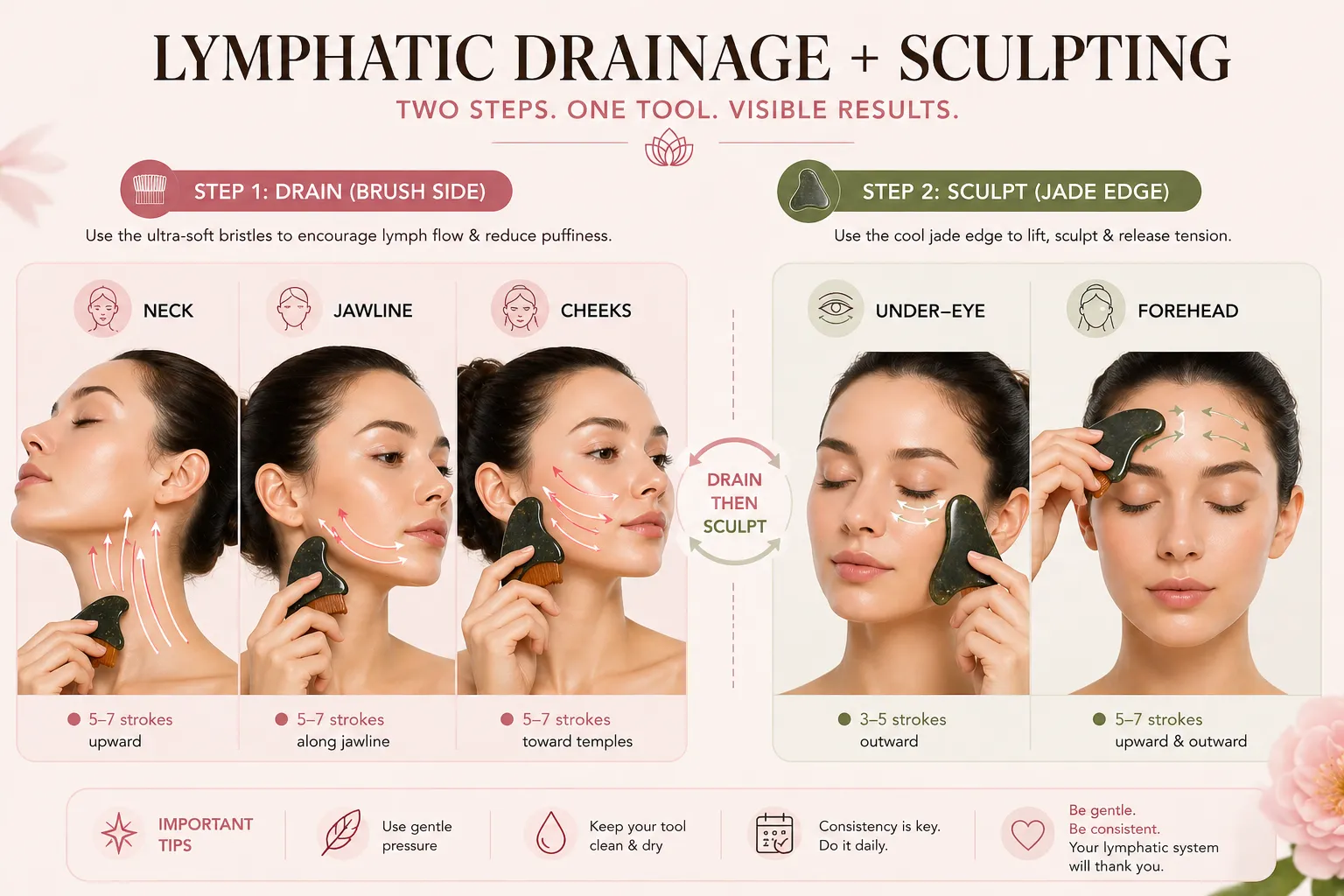 lymphatic drainage massager directions arrows jawline cheeks forehead