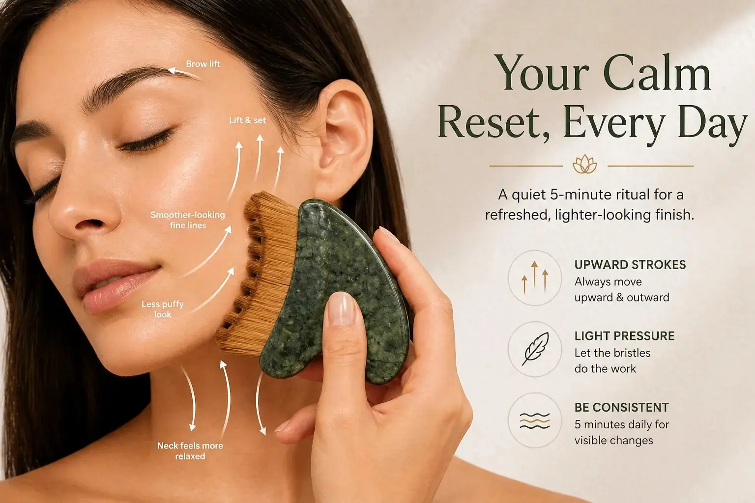 woman using lymphatic contour face brush on jawline for drainage