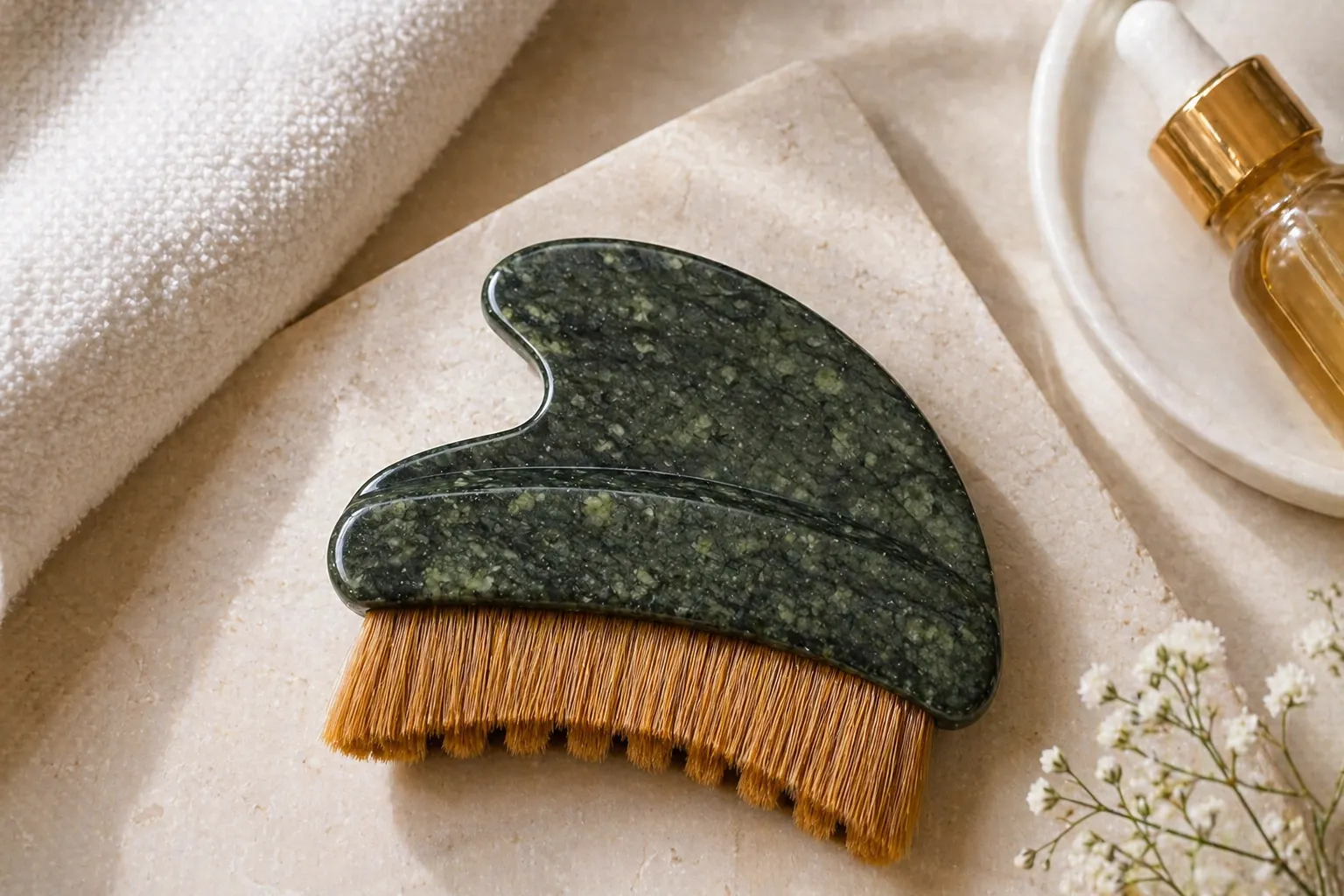 lymphatic contour face brush aesthetic flat lay jade gua sha skincare tool